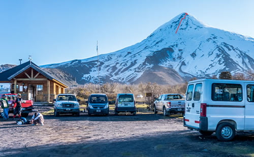 Volcan Lanin as seen from the carpark with the East Couloir marked in red