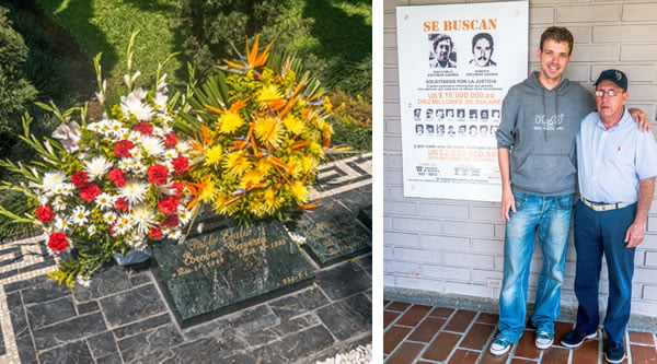 left: Pablo Escobar's grave, right: posing with my newest friend Roberto Escobar