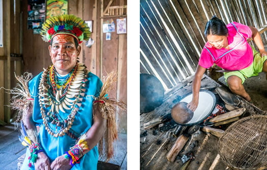 left: the Shaman of the Siona community, right: a local lady is preparing some cassava bread